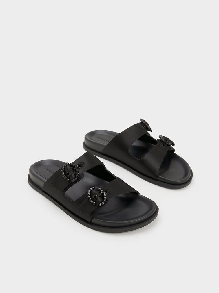 Embellished Buckle Recycled Polyester Sandals, Black, hi-res