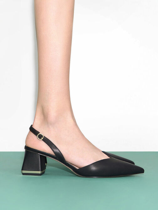 Trapeze Heel Slingback Pumps, Black, hi-res