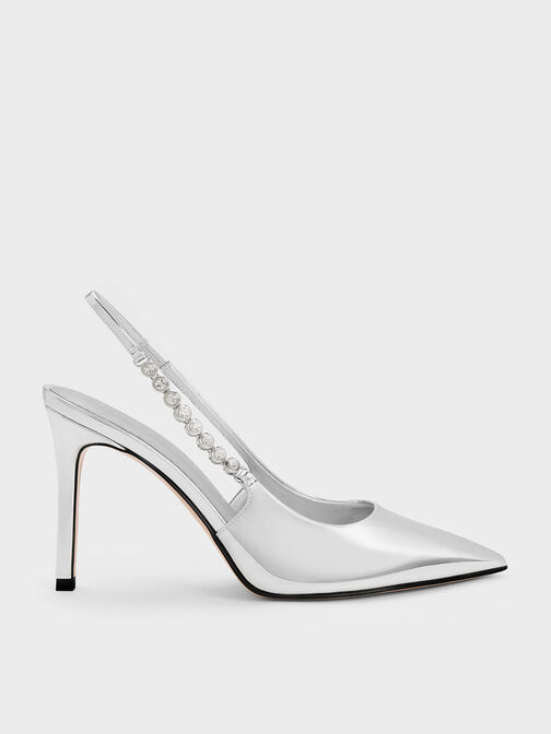 Gem-Strap Metallic Slingback Pumps, Silver, hi-res