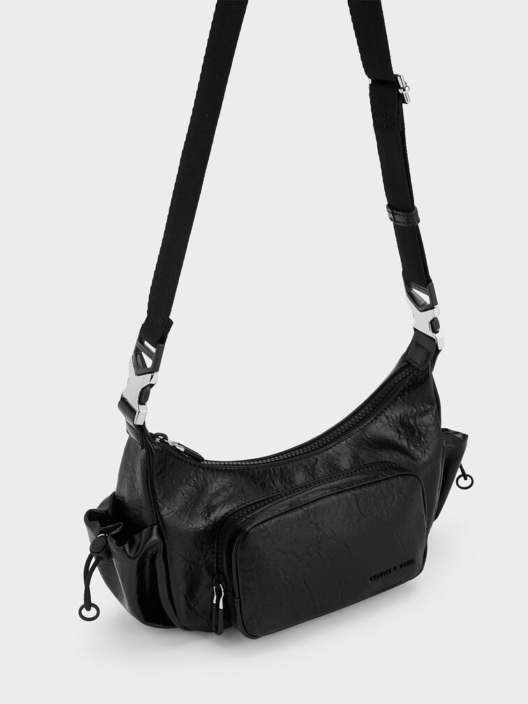 Bolso de hombro Soleil con efecto arrugado, Noir, hi-res