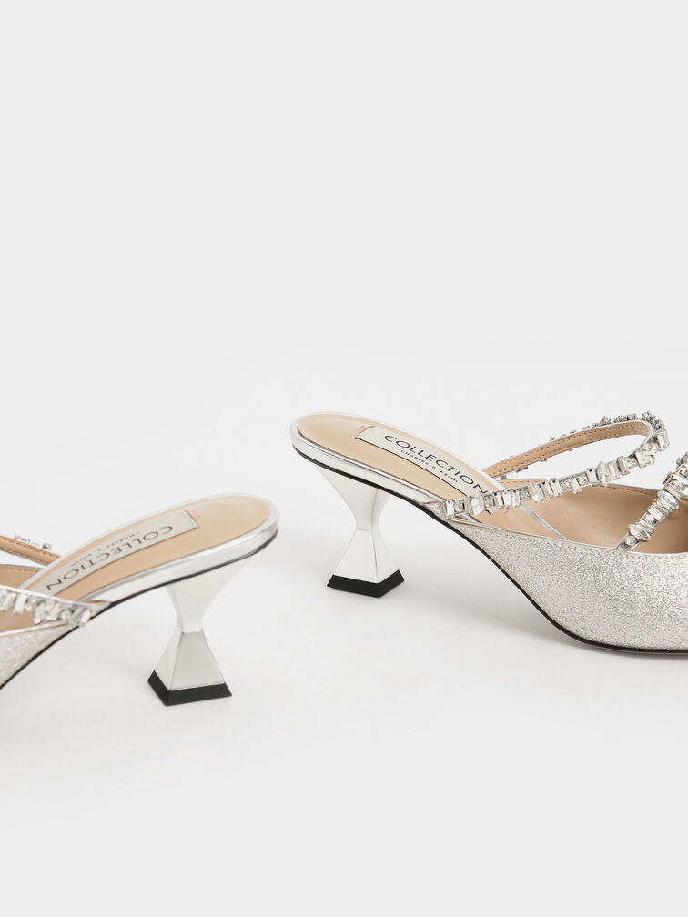 Gem-Encrusted Metallic Glittered Mules, Silver, hi-res