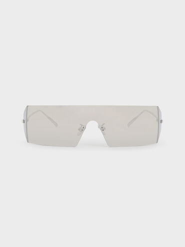 Rectangular Shield Sunglasses, Silver, hi-res