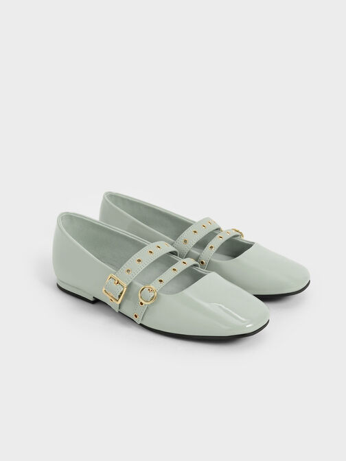 Girls' Patent Grommet Strap Mary Janes, Sage Green, hi-res