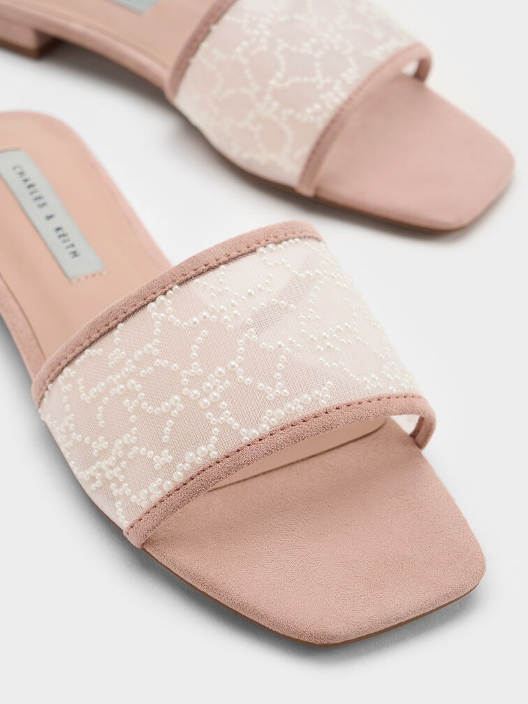 Sandalias Planas de Malla con Detalles de Cuentas, Nude, hi-res