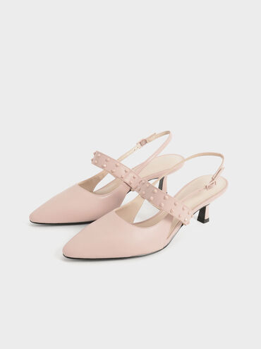 Studded Slingback Pumps, Light Pink, hi-res