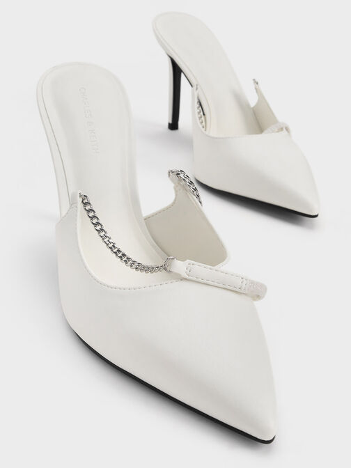 Chain-Link Pointed-Toe Slingback Pumps, White, hi-res