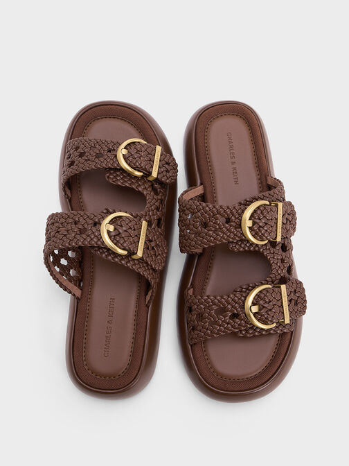 Woven Double-Strap Buckled Sandals, Brown, hi-res