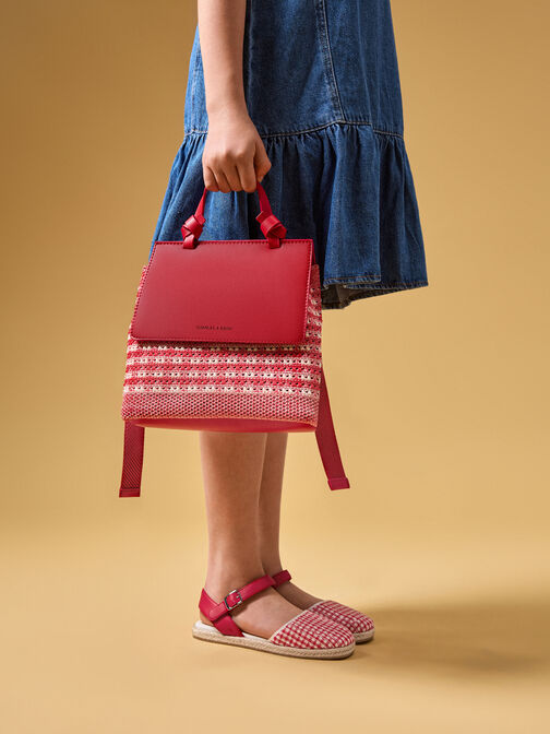 Girls' Gingham Espadrille Flats, Red, hi-res