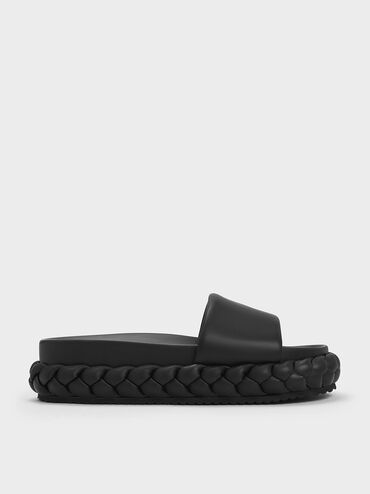 Tali Leather Braided Slides, Black, hi-res