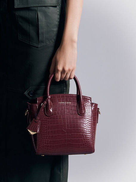 Harper Croc-Effect Structured Top Handle Bag, Burgundy, hi-res