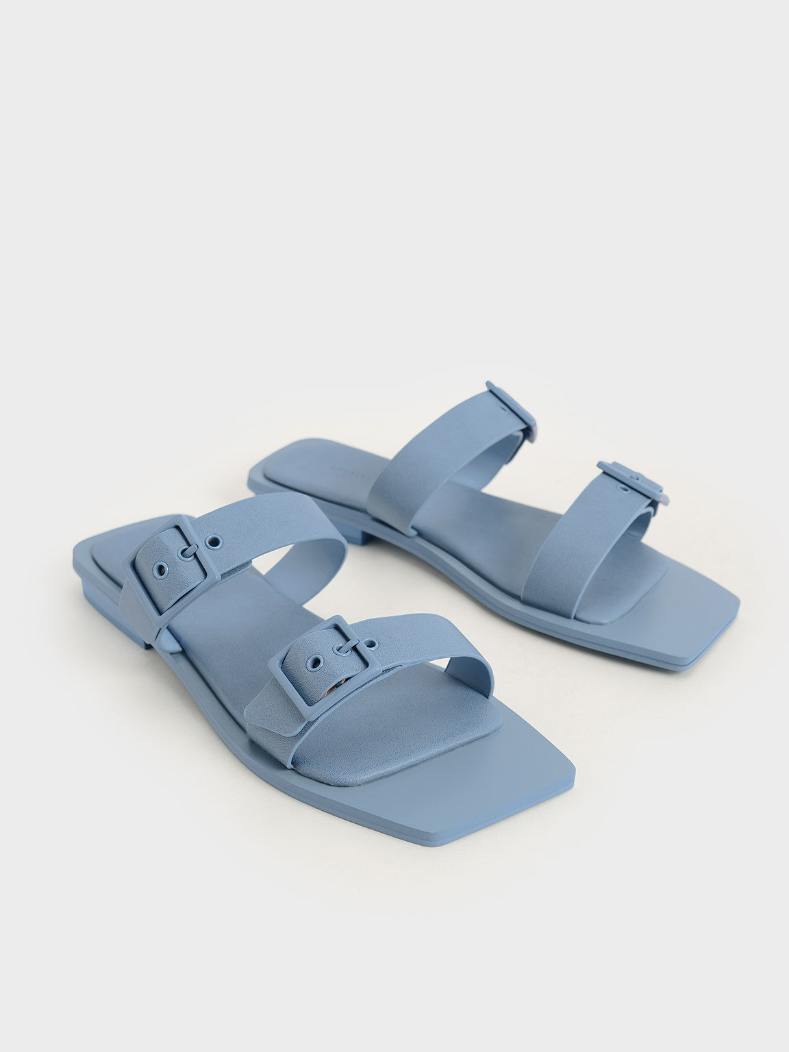 Square Toe Buckled Slide Sandals, Blue, hi-res
