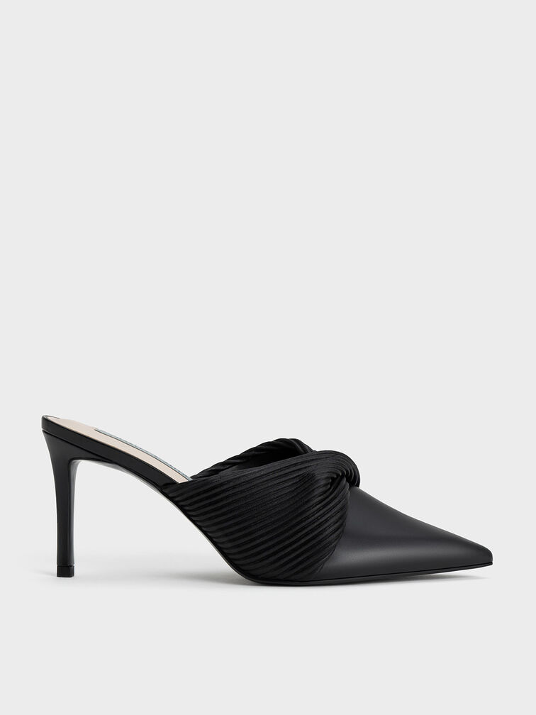 Pleated Wrap Heeled Mules, Black, hi-res