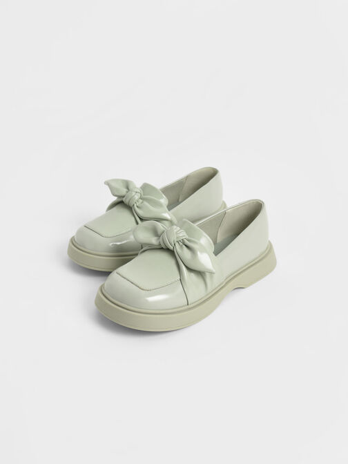 Girls' Patent Bow Loafers, Sage Green, hi-res