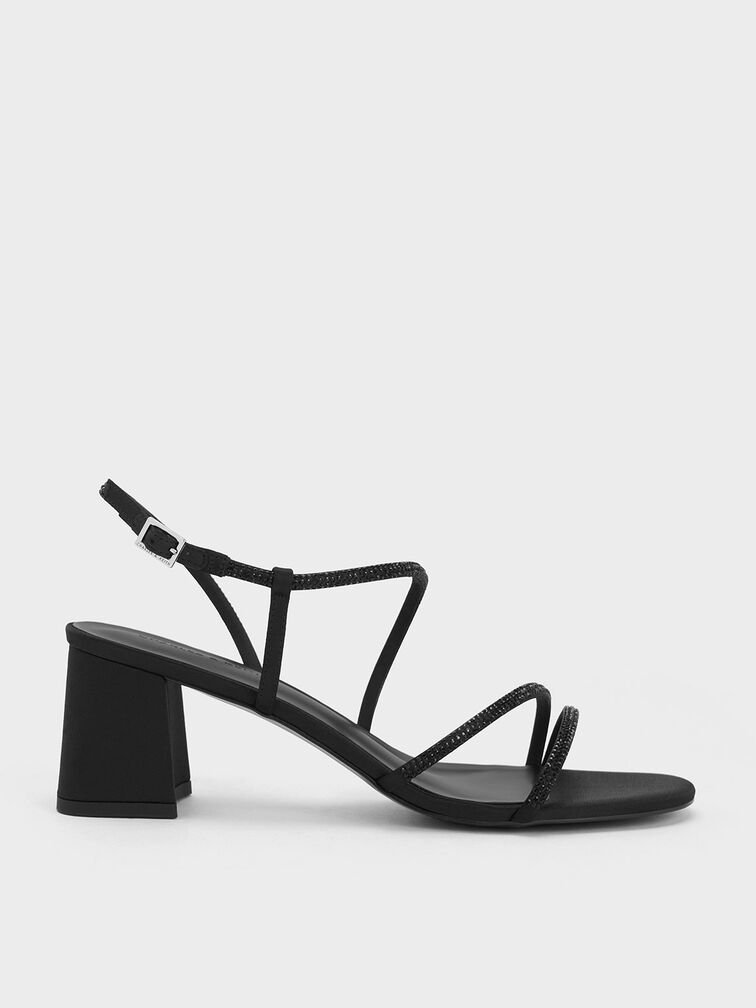 Satin Crystal-Embellished Strappy Sandals, Black Textured, hi-res