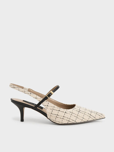 Tweed & Leather Slingback Pumps, Cream, hi-res