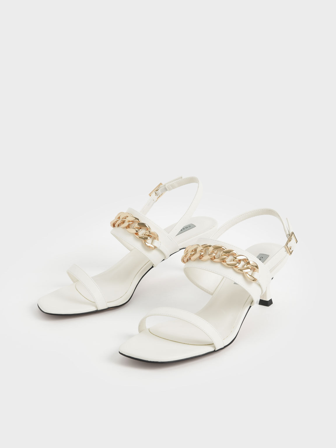 Chain Strap Heeled Sandals, White, hi-res