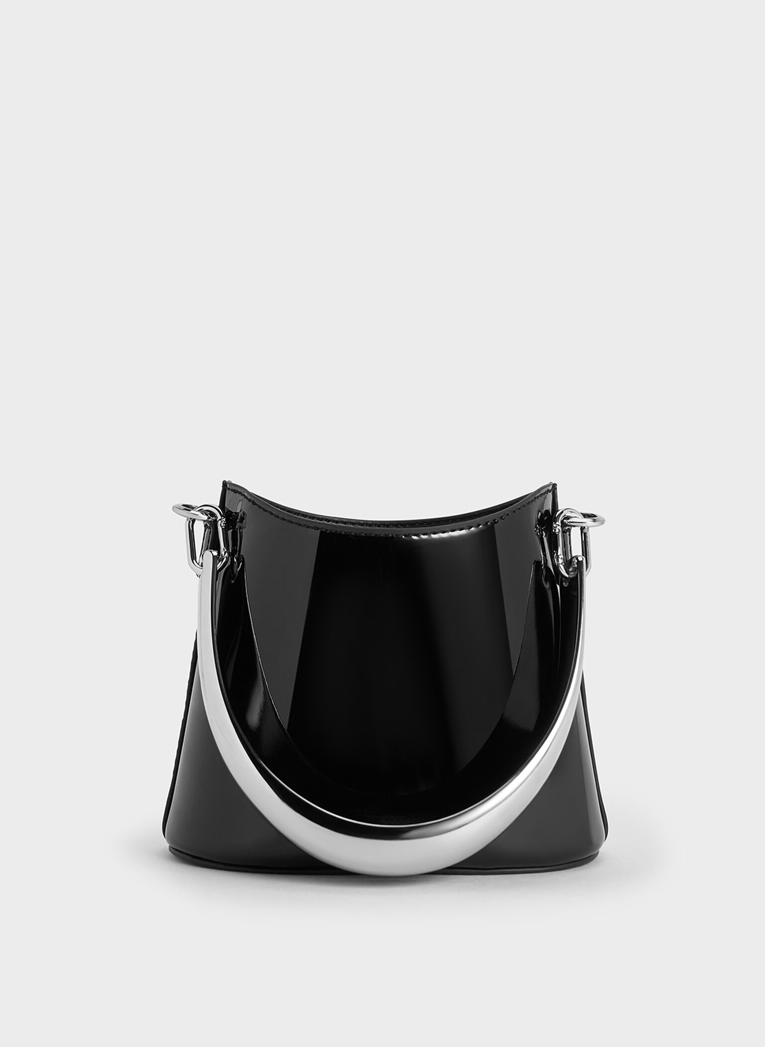 Patent Ruched-Flap Drawstring Bucket Bag, Noir, hi-res