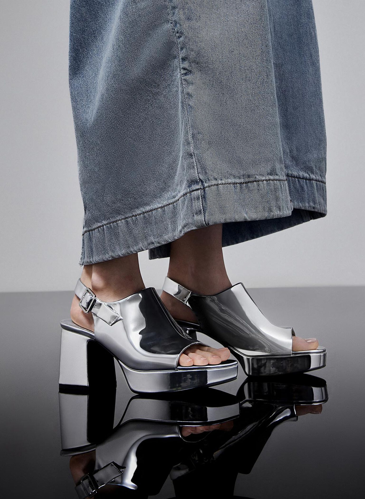 Metallic Peep-Toe Platform Sandals, Silver, hi-res