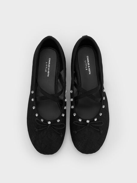 Girls' Lace Crystal Crossover Ballet Flats, Black Textured, hi-res