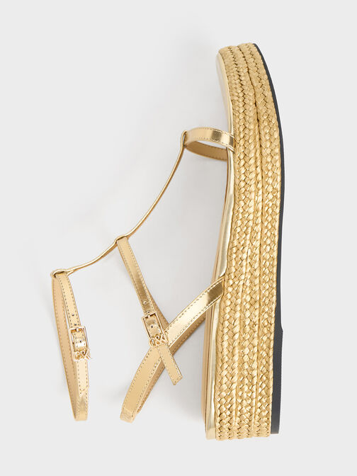 Metallic Leather T-Bar Espadrille Sandals, Gold, hi-res