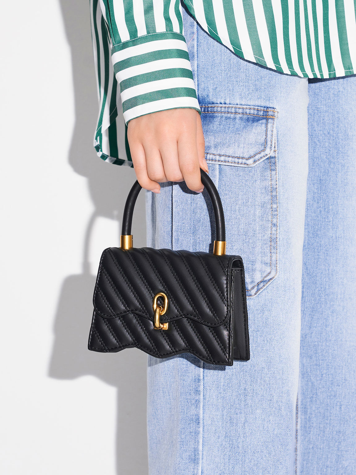 Freja Wavy Quilted Top Handle Bag, Black, hi-res