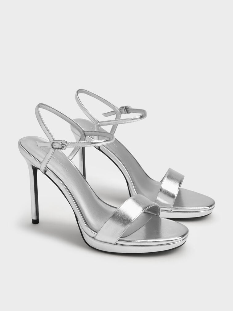 Metallic Ankle-Strap Stiletto Sandals, Silver, hi-res