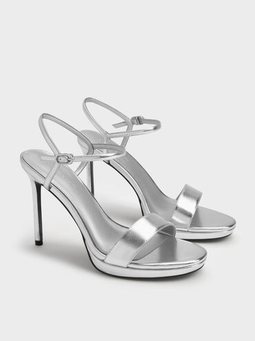 Metallic Ankle-Strap Stiletto Sandals, Silver, hi-res