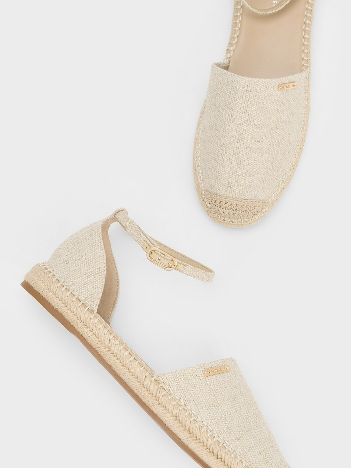 Linen Ankle-Strap Espadrille Flats, Beige, hi-res