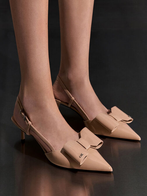 Lu Patent Leather Bow Slingback Pumps, Nude, hi-res