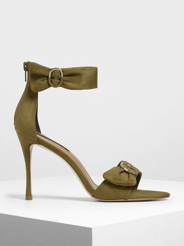 Ruched Two-Tone Buckle Stiletto Heels, Olive, hi-res