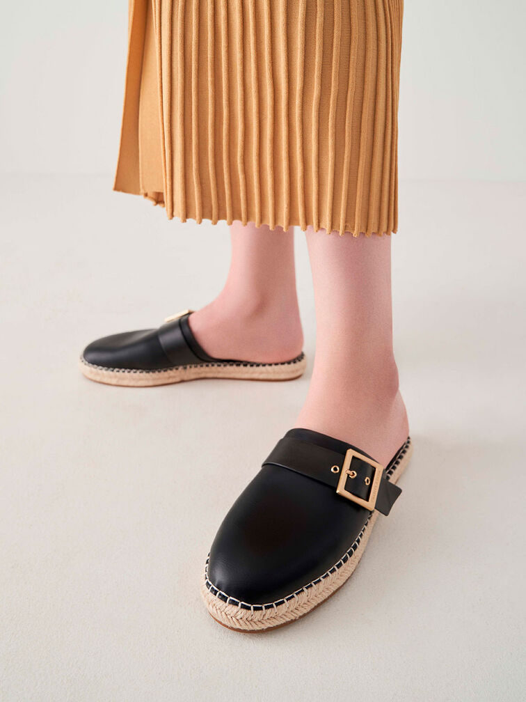 Buckled Espadrille Mules, Black, hi-res