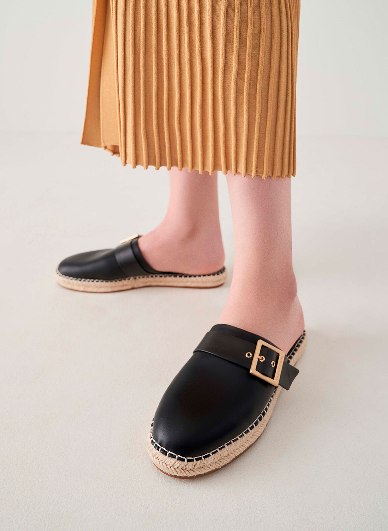 Buckled Espadrille Mules, Black, hi-res