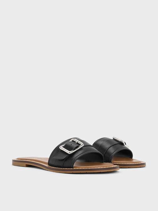 Buckled Slide Sandals, Black, hi-res