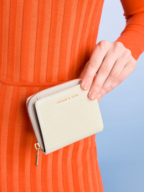 Croc-Effect Small Zip-Around Wallet, Cream, hi-res