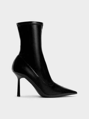 Botines de punta estrecha con tacón de aguja en charol con efecto arrugado, Charol negro, hi-res