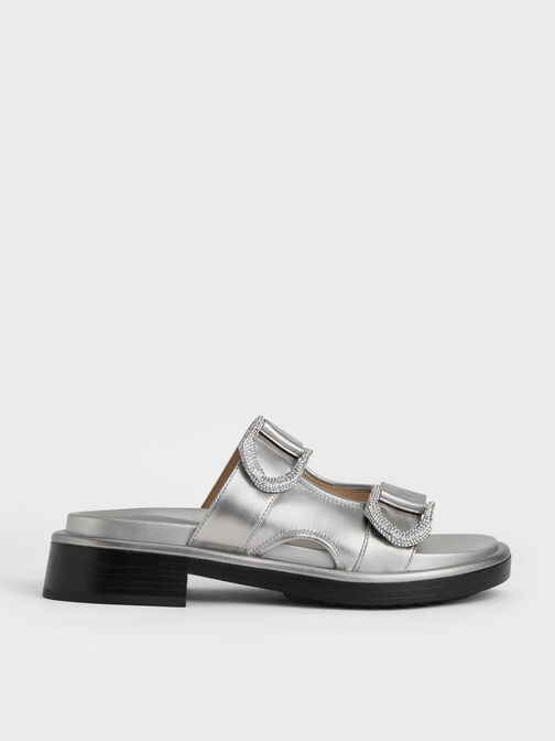 Gabine Leather Slides, Pewter, hi-res