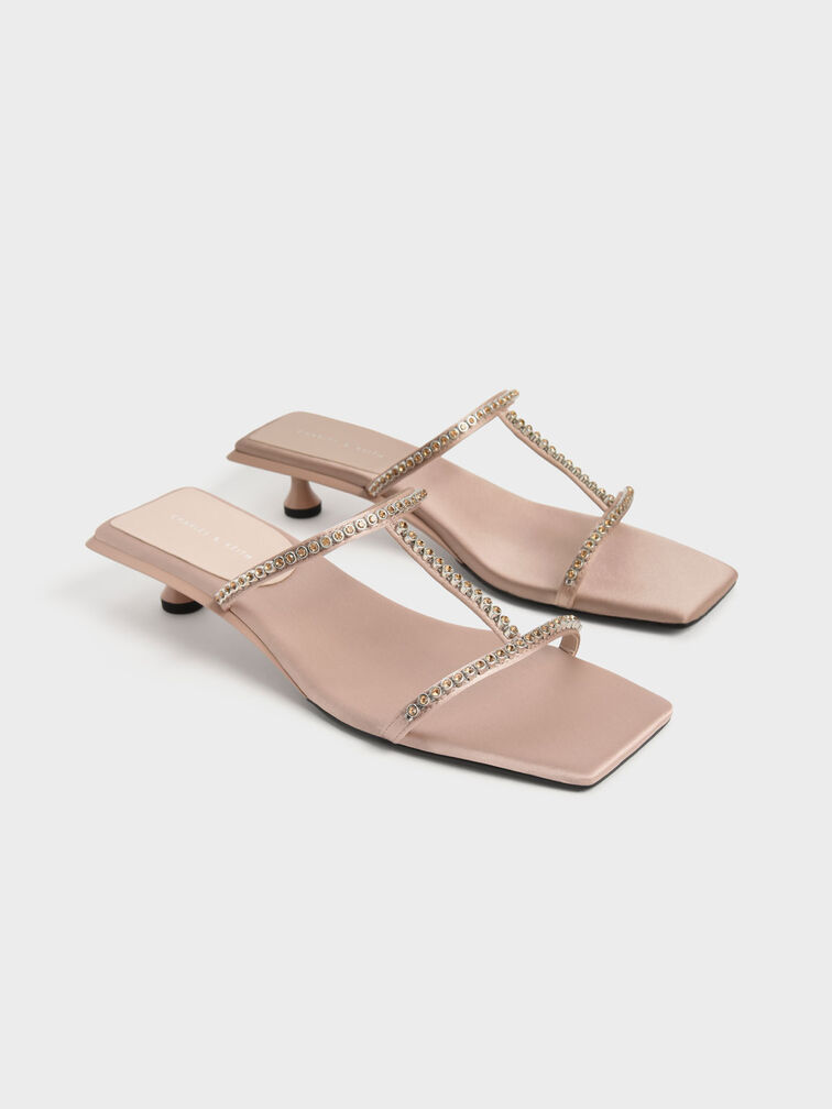 Recycled Polyester Gem-Embellished Mules, Beige, hi-res