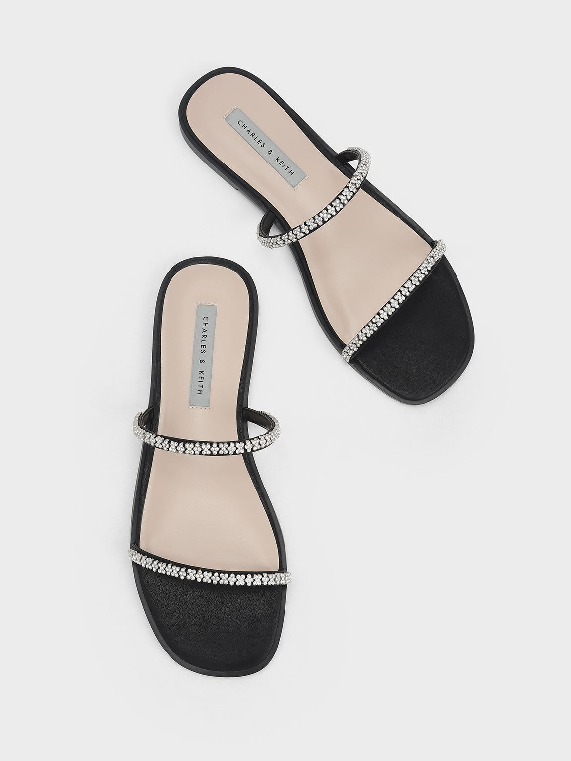 Gem-Encrusted Strappy Slide Sandals, Black, hi-res