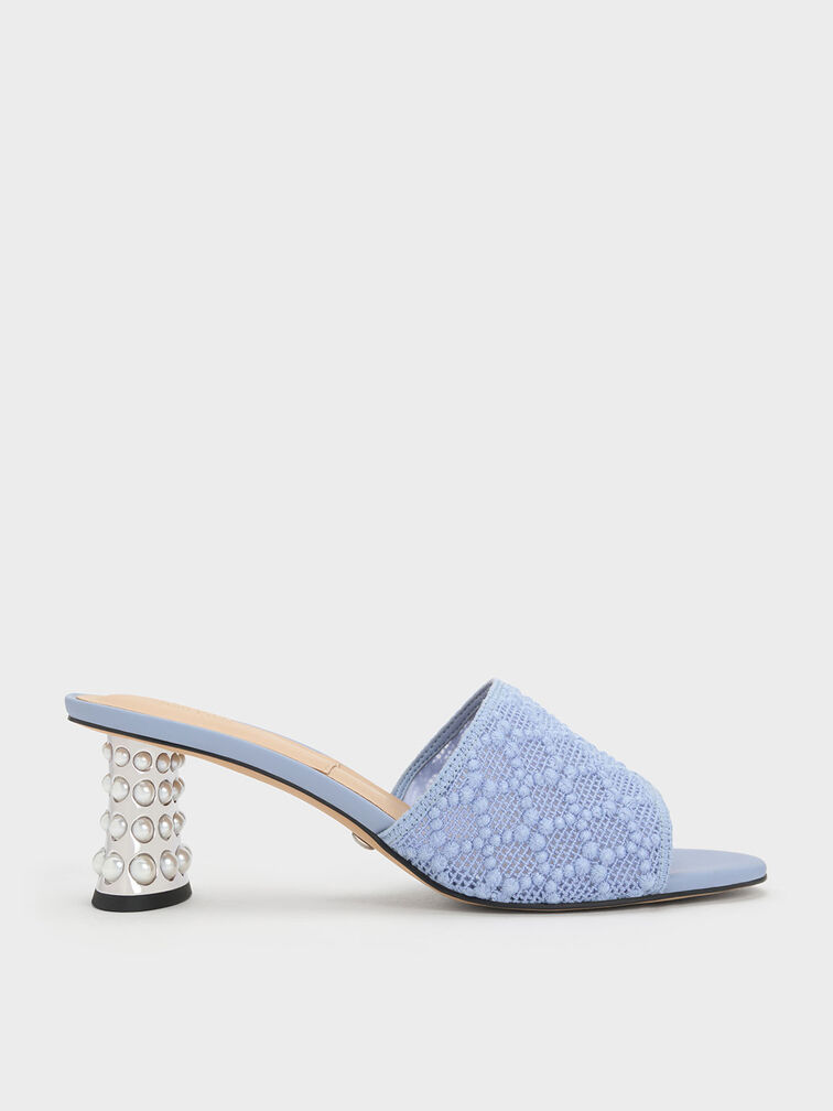 Beaded Heel Crochet Mules, Blue, hi-res