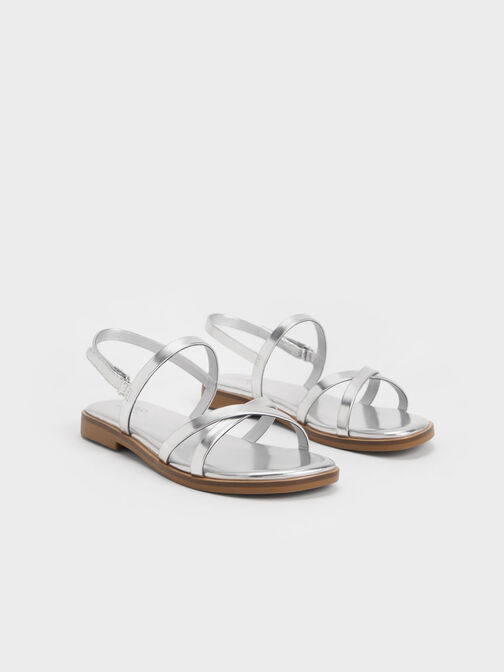 Girls' Metallic Crossover Backstrap Sandals, Silver, hi-res