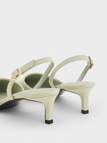 Faux Suede Pointed-Toe Slingback Kitten Heels, Sage Green, hi-res