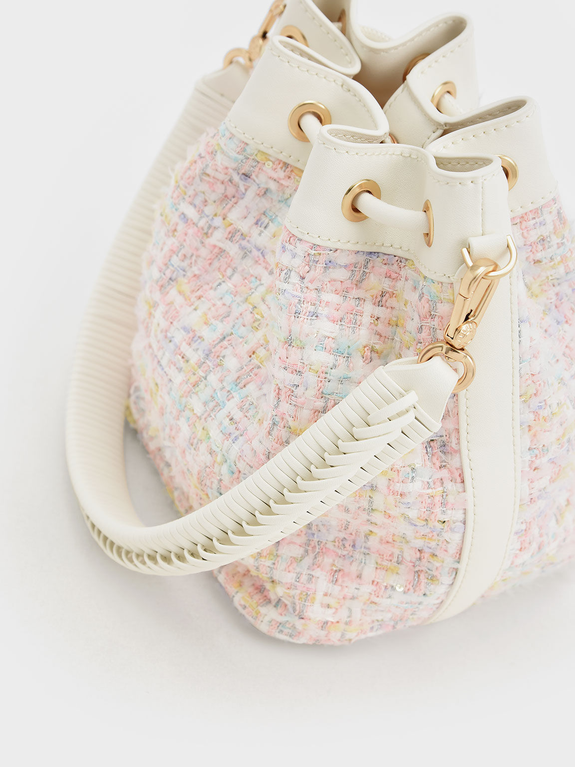 Tweed Drawstring Bucket Bag, Light Pink, hi-res