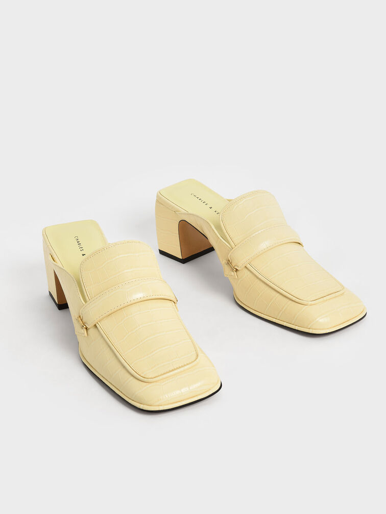 Croc-Effect Block Heel Loafer Mules, Animal Print Yellow, hi-res