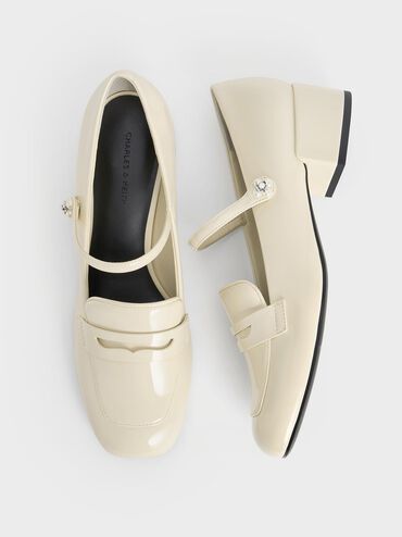 Patent Pearl-Embellished Flower-Buckle Mary Jane Loafers, Chalk, hi-res