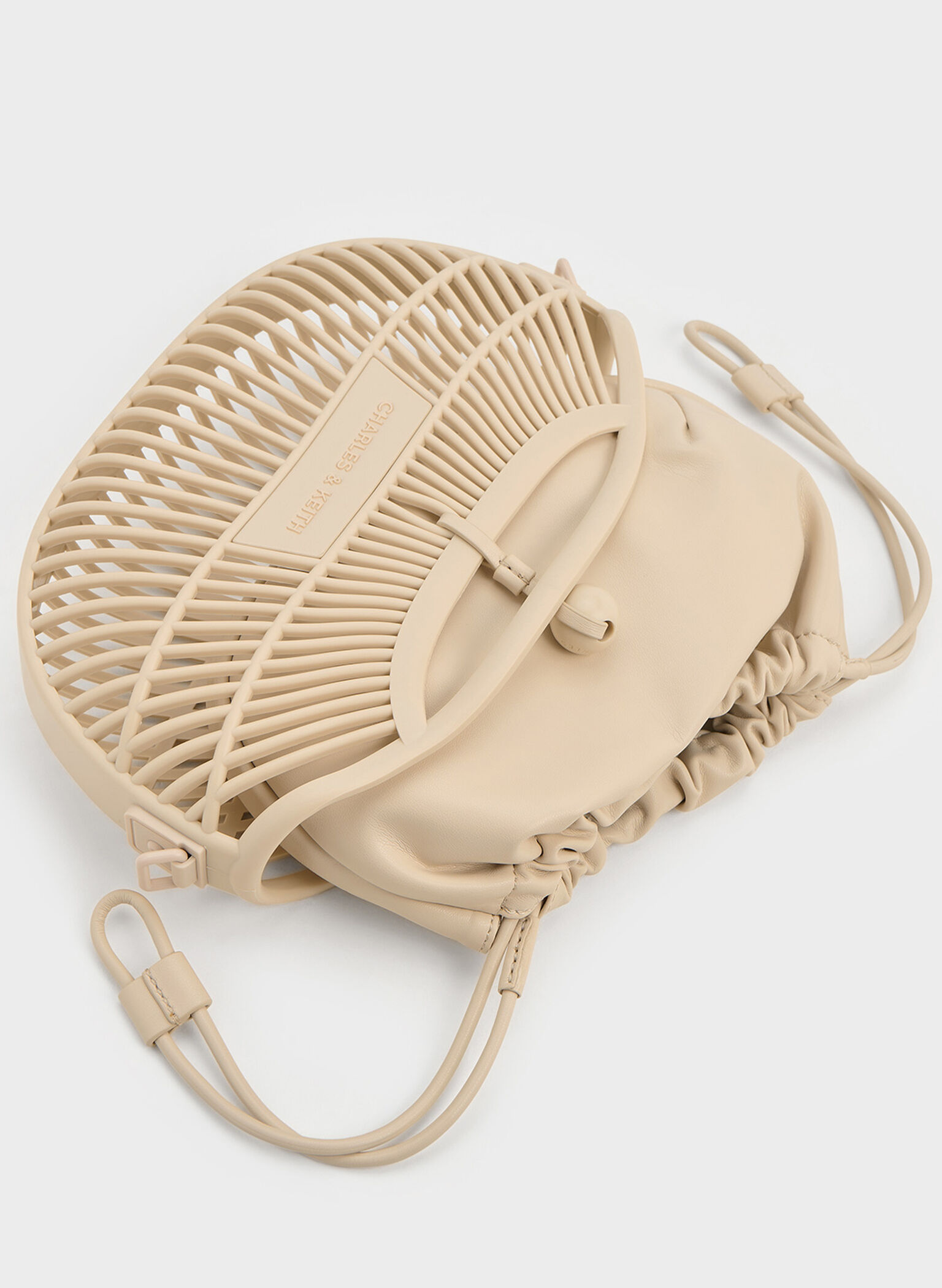 Minibolso Calypso en forma de abanico con asa curva, Beige, hi-res