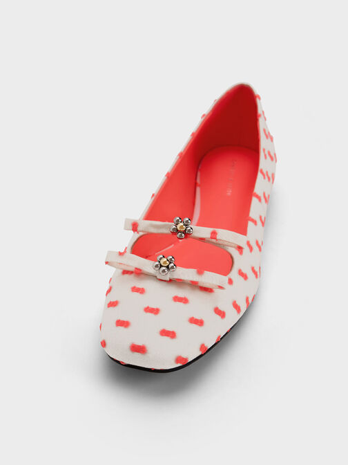 Floral Beaded Printed Bow Ballerinas, Coral Pink, hi-res