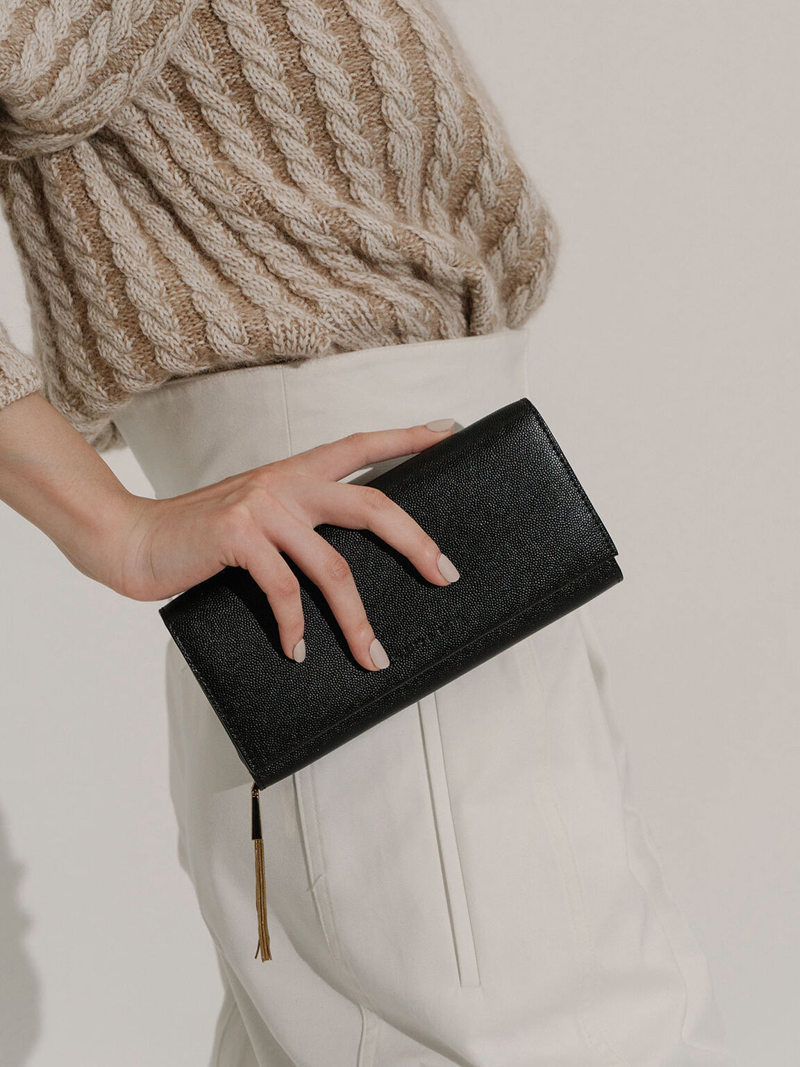 Tassel Detail Long Wallet, Black, hi-res