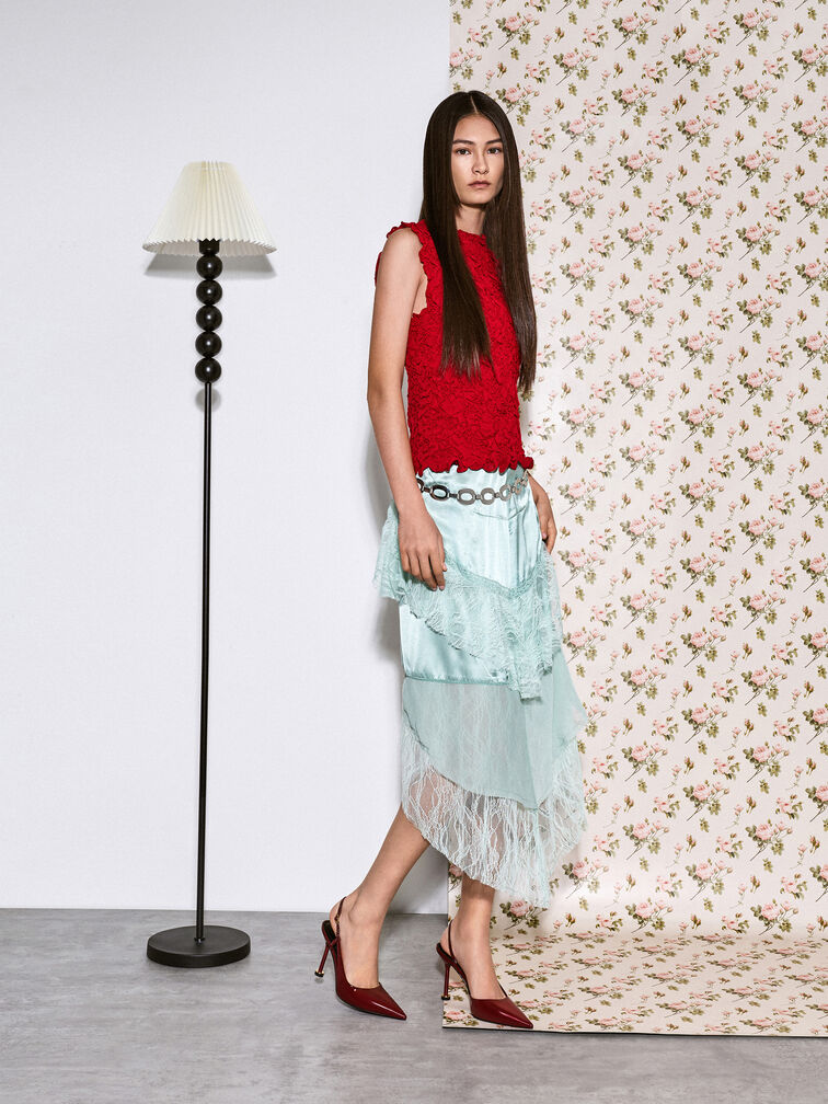 Wynn Patent Pointed-Toe Sculptural-Heel Slingback Pumps, Red, hi-res