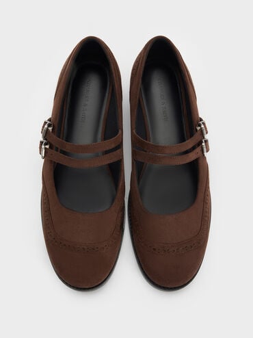 Faux Suede Double-Strap Brogue Mary Janes, Dark Brown Textured, hi-res