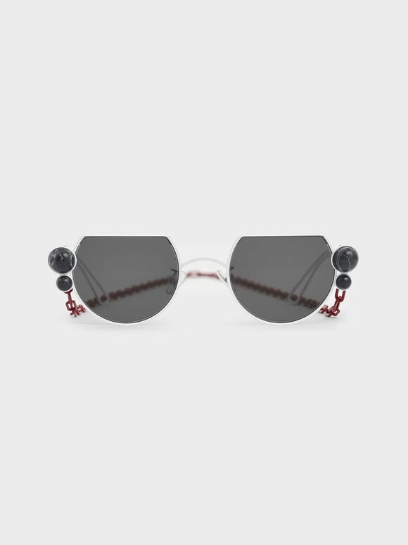 Onyx Stone Chain Link Round Cut-Off Sunglasses, White, hi-res